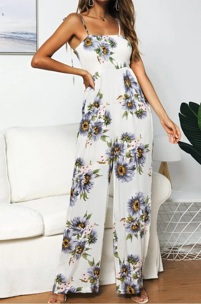 Summer Sunflower Print Suspenders Jumpsuit High Waist Romper