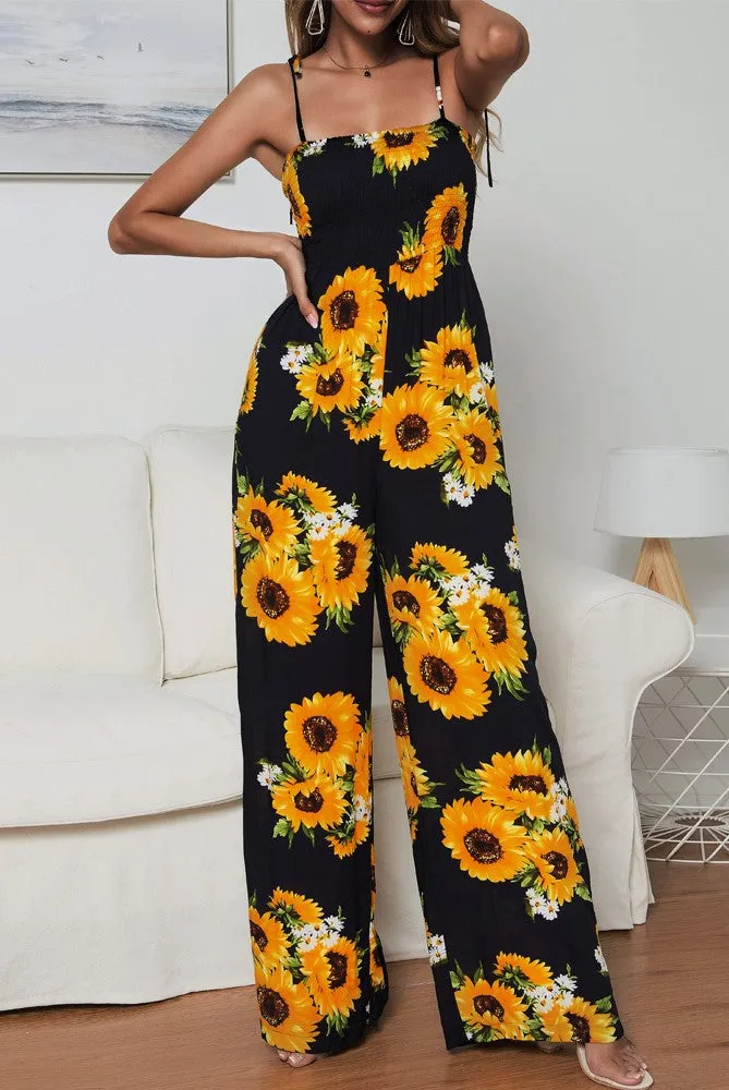 Summer Sunflower Print Suspenders Jumpsuit High Waist Romper