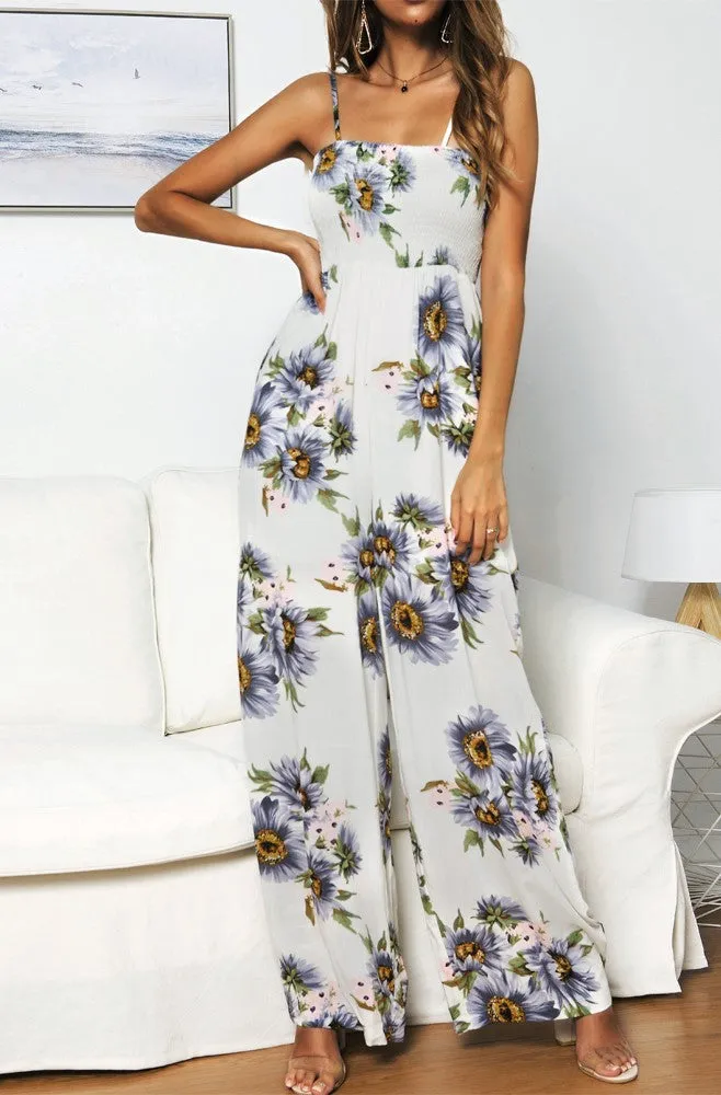 Summer Sunflower Print Suspenders Jumpsuit High Waist Romper