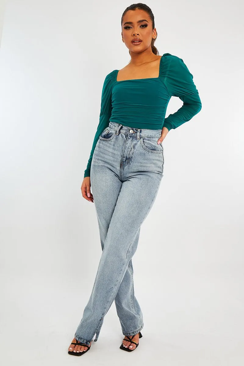 Teal Ruched Body Mesh Sleeve Bodysuit - Raeya