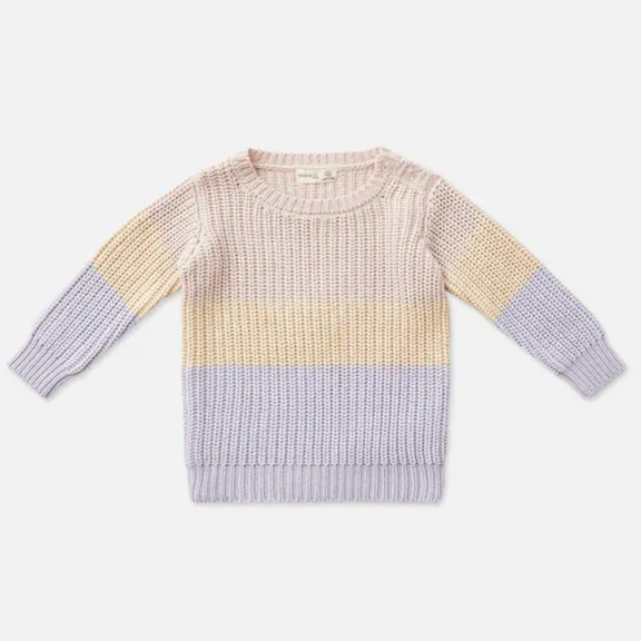 Tri-Tone Chunky Knit Sweater - Lavender Stripe