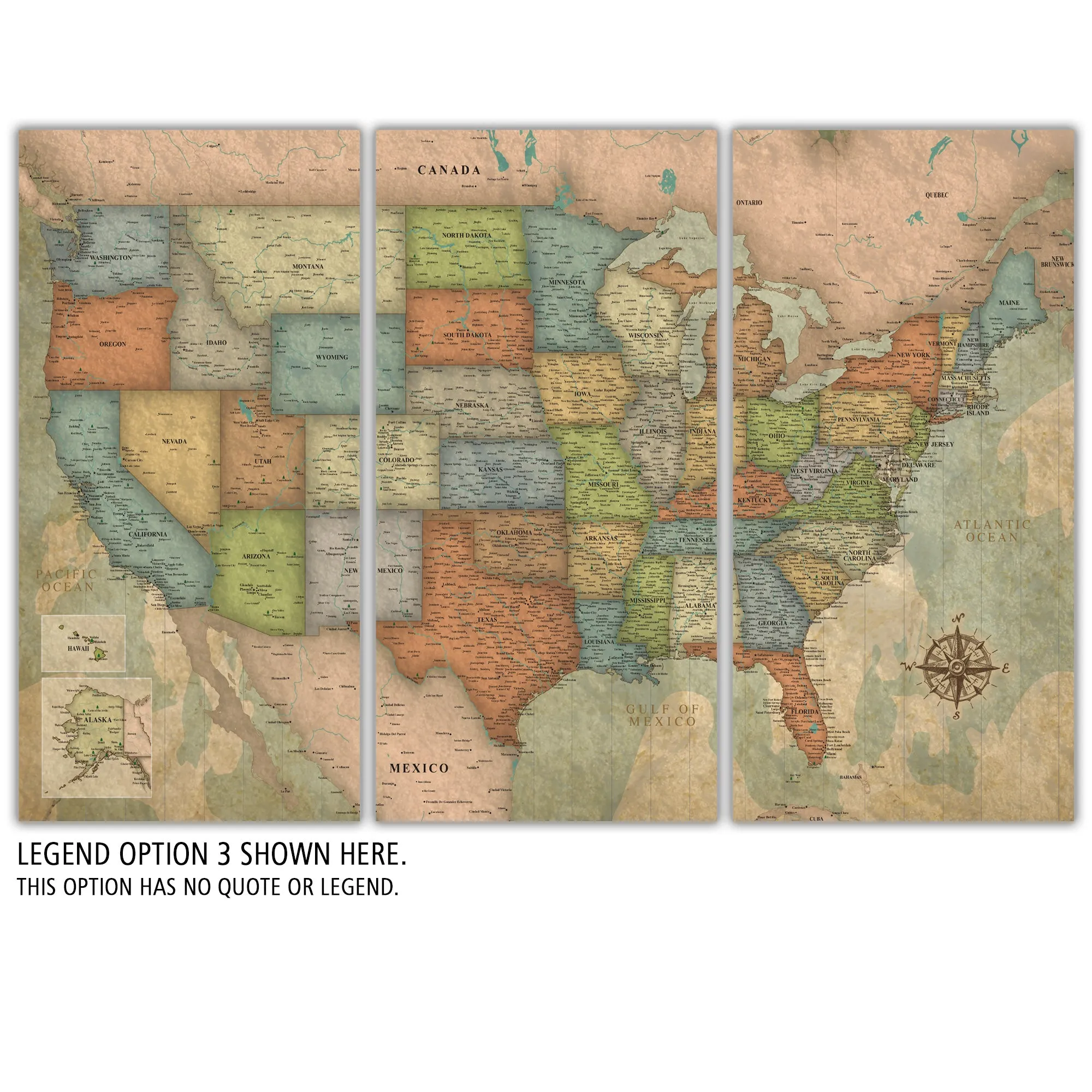 USA Travel Push Pin Map 3 panel