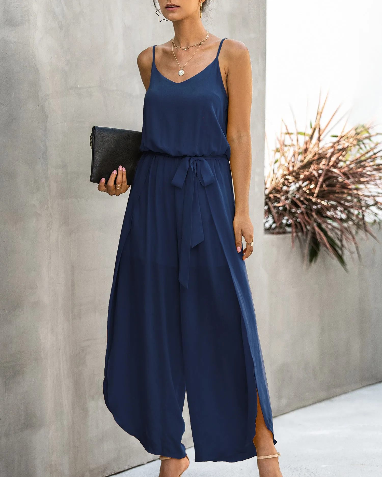 V-neck Suspender Irregular Wide Leg Side Jumpsuit
