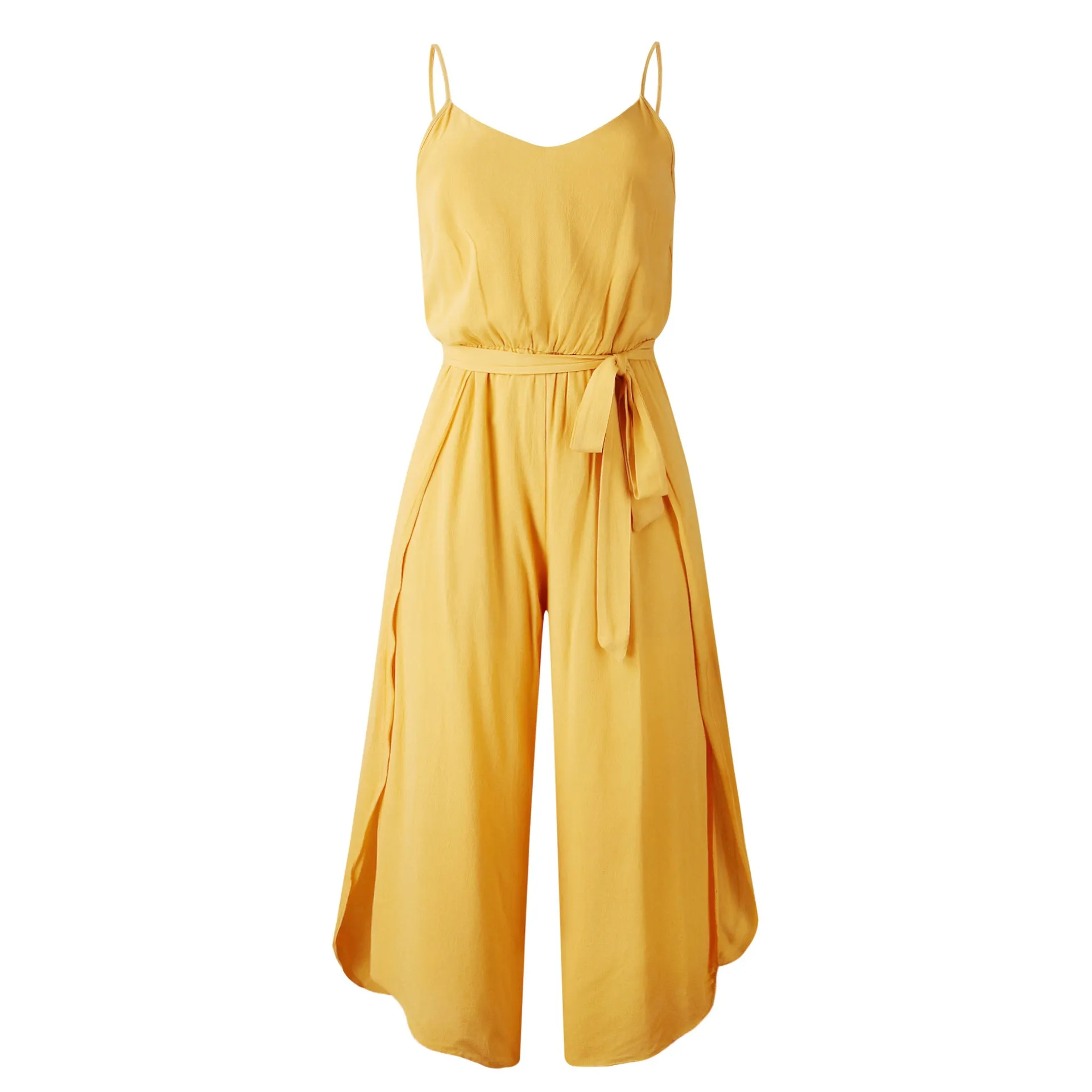 V-neck Suspender Irregular Wide Leg Side Jumpsuit
