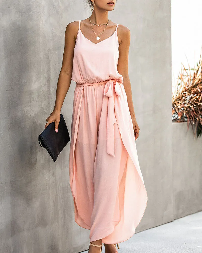 V-neck Suspender Irregular Wide Leg Side Jumpsuit