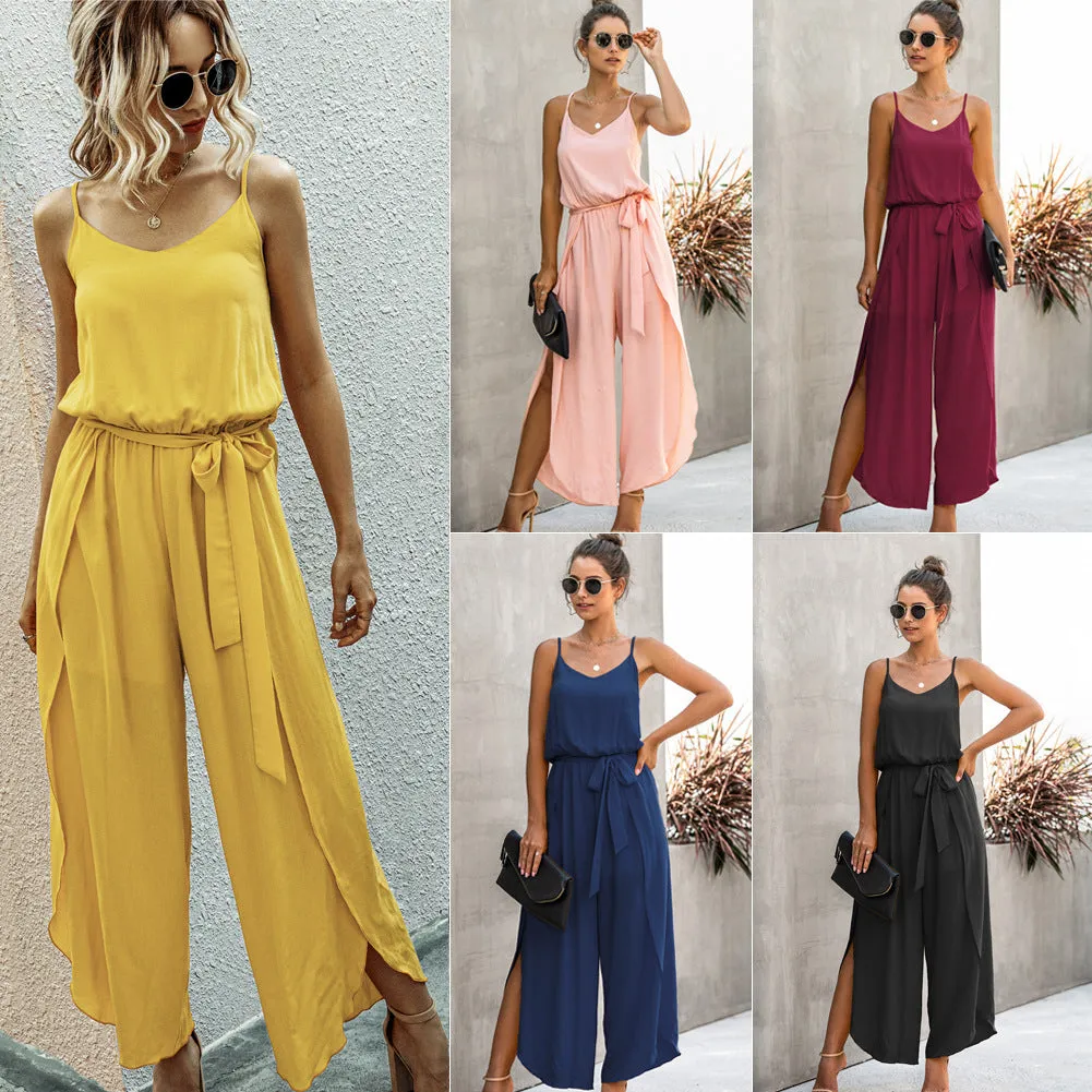 V-neck Suspender Irregular Wide Leg Side Jumpsuit