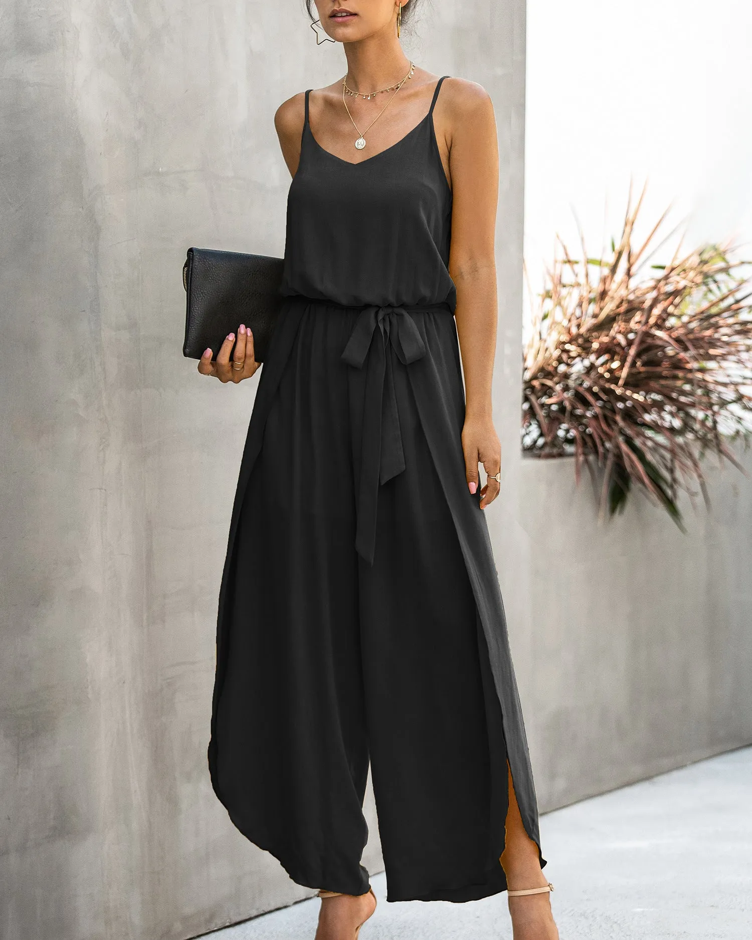 V-neck Suspender Irregular Wide Leg Side Jumpsuit