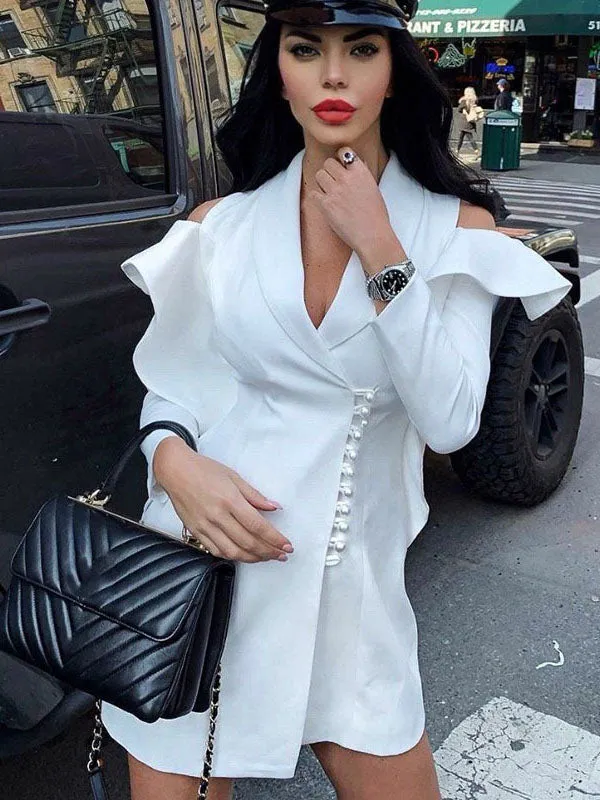 V-shaped Suit Collar Loose Mid-length Windbreaker Trumpet Sleeve Mosaic Ruffle
