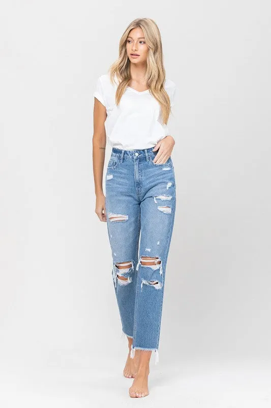 Vervet Distressed Raw Hem Mom Blue Jeans