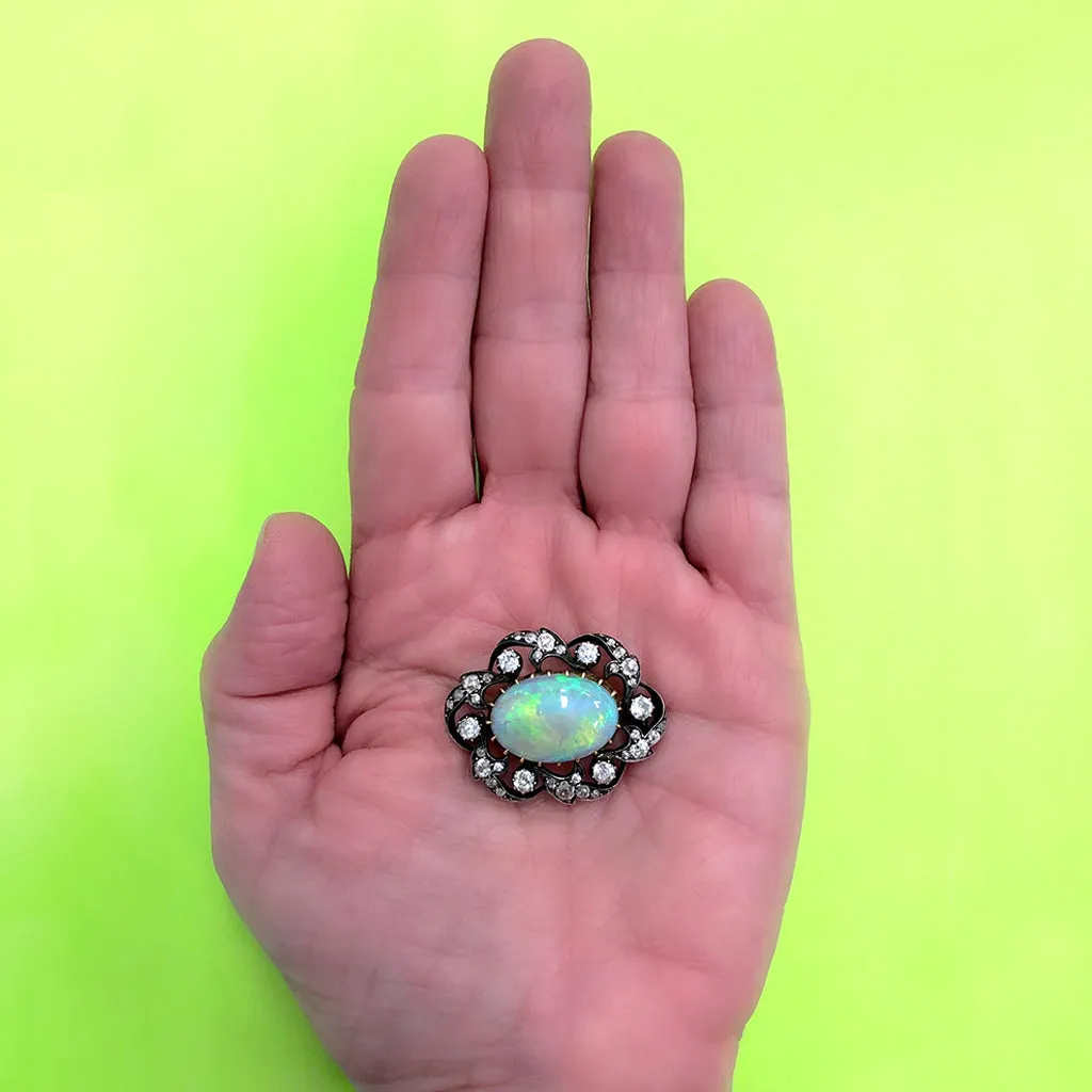 Victorian Opal and 3 Carat Diamond Brooch