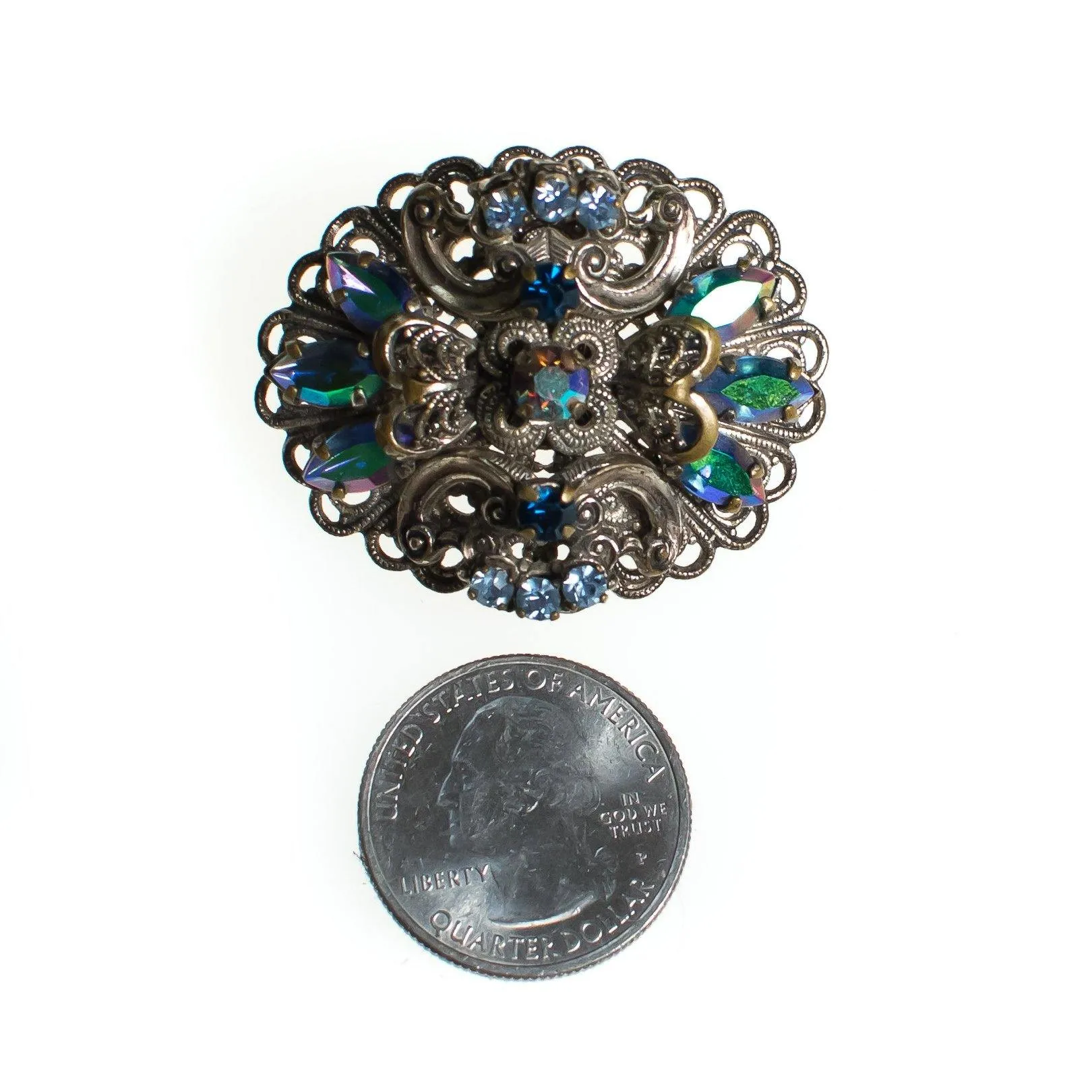 Vintage West Germany Silver Filigree Brooch with Aurora Borealis Rhinestones, Iridescent Rhinestones, Silver Tone Brooch, Brooches and Pins