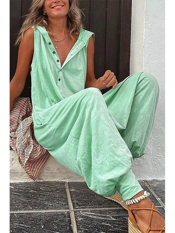 Women's Half Button Hooded Sleeveless Jumpsuit