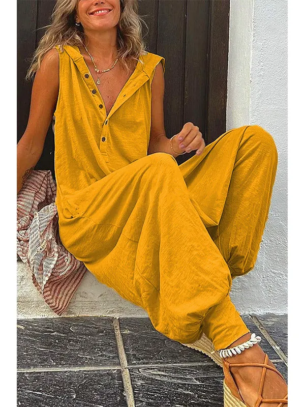 Women's Half Button Hooded Sleeveless Jumpsuit