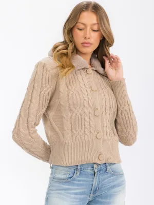 WOMEN'S LONG SLEEVE BUTTON CLOSURE CABLE KNIT SHERPA DETAILED SWEATER