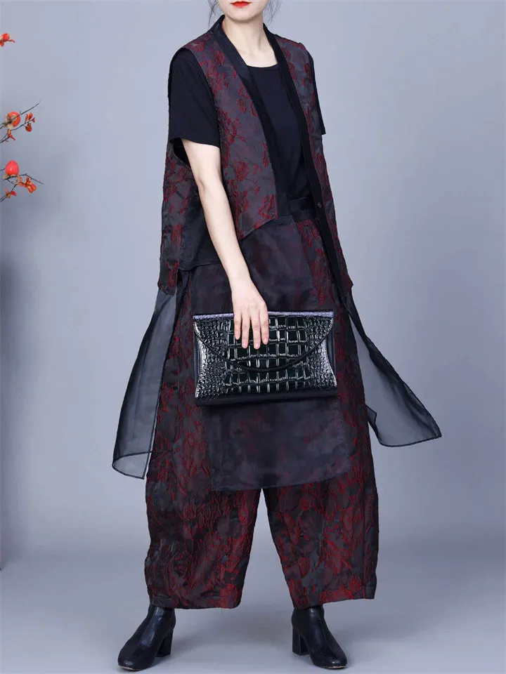 Women's Mesh Patchwork Sleeveless Top Elastic Waist Pants Set