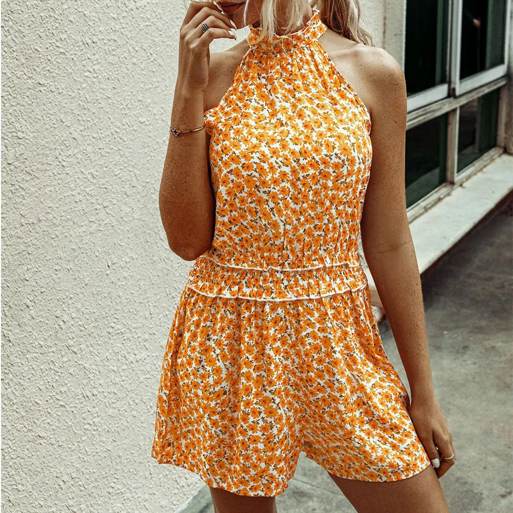 Womens Off Shoulder Halter Strapless Floral Print Jumpsuit Rompers