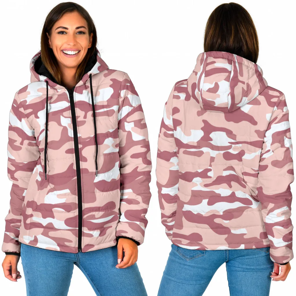 Women's Rose Gold Camo Puffer Jacker Camouflage Hooded Coat