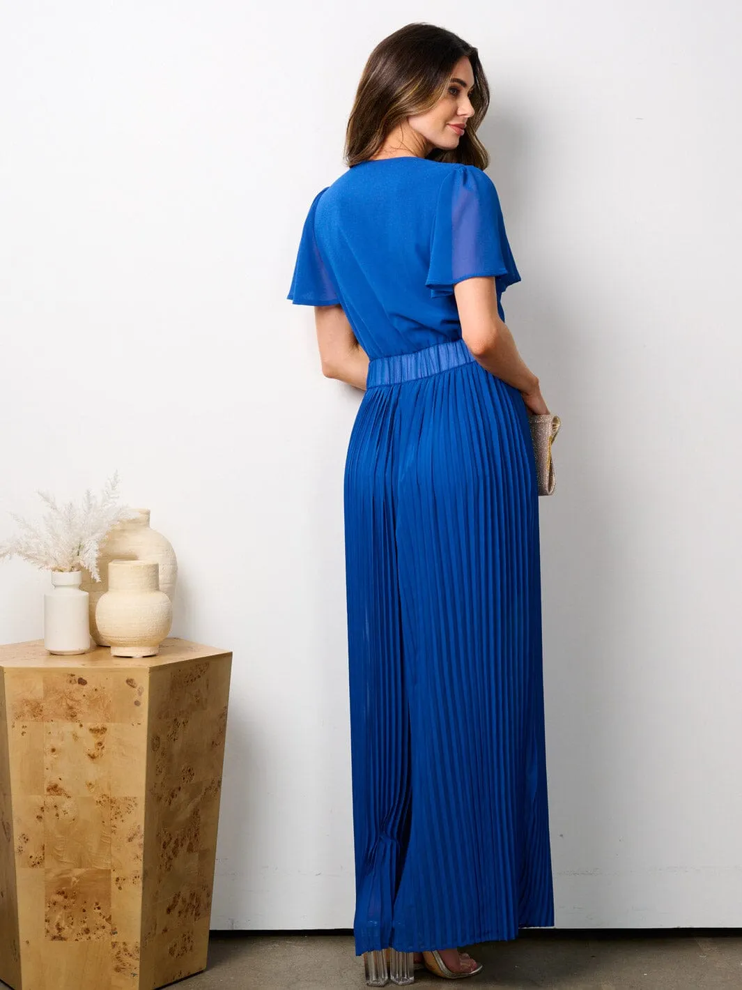 WOMEN'S SHORT SLEEVE SURPLICE PLEATED WIDE LEG JUMPSUIT