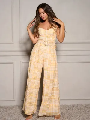 WOMEN'S SLEEVELESS BELTED PLAID WIDE LEG JUMPSUIT