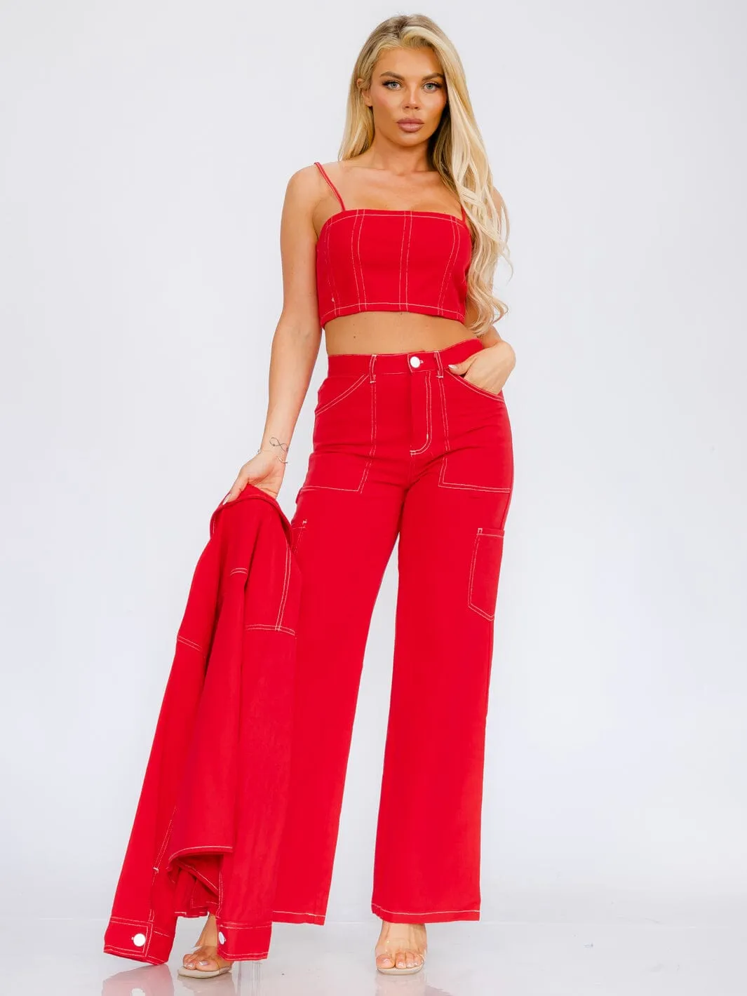 WOMEN'S SLEEVELESS CROP TOP & BUTTON CLOSURE WIDE LEG PANTS DENIM 2PC SET