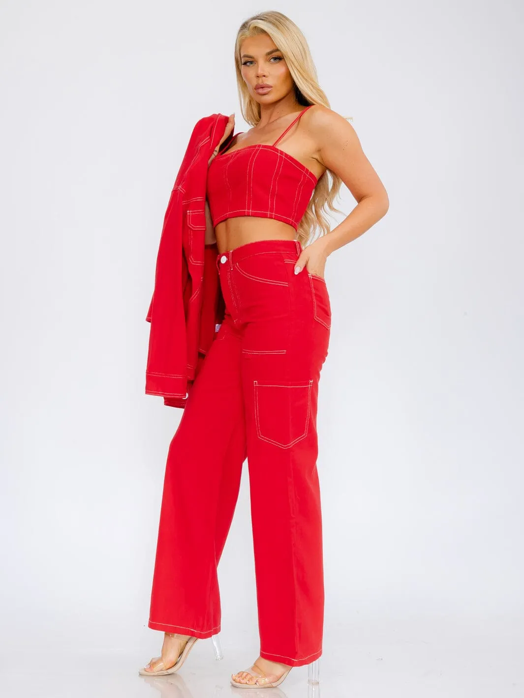 WOMEN'S SLEEVELESS CROP TOP & BUTTON CLOSURE WIDE LEG PANTS DENIM 2PC SET