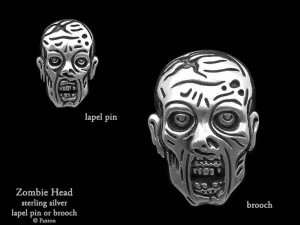 Zombie Head Lapel Pin or Zombie Head Brooch Sterling Silver